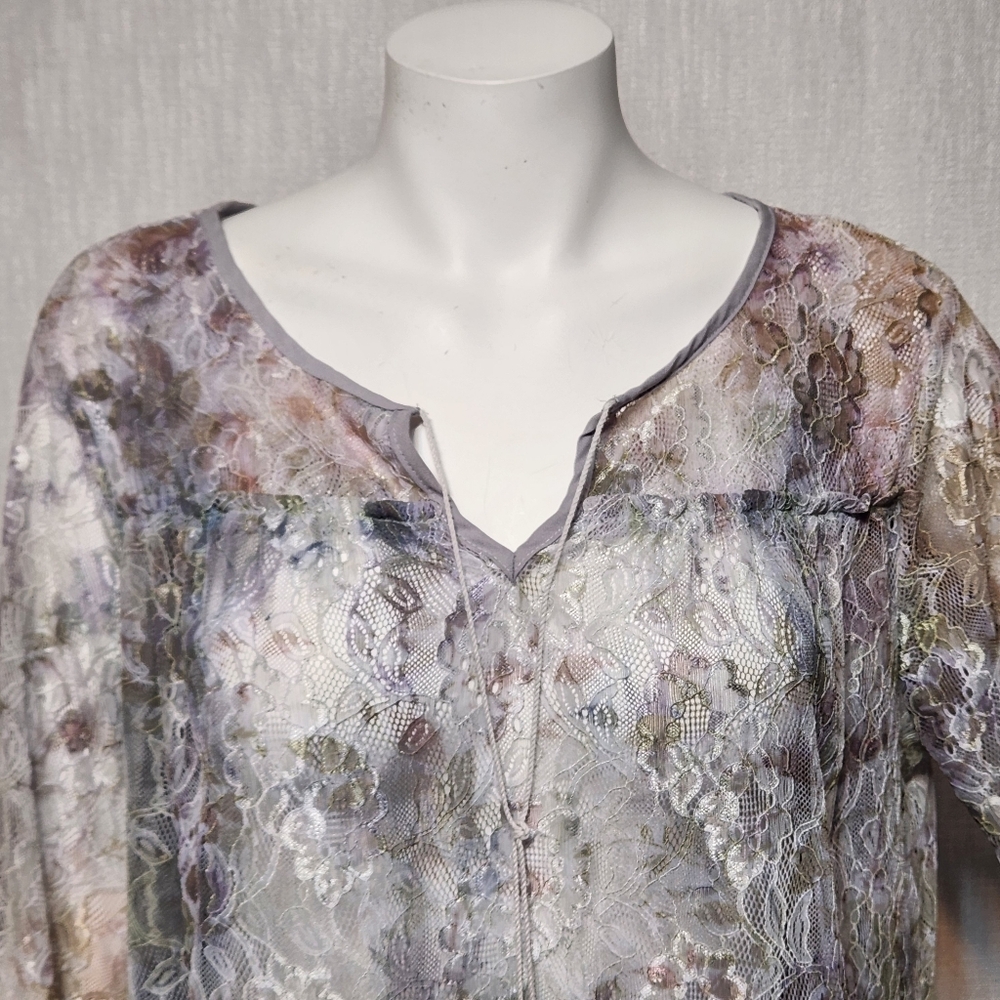 Zac & Rachel Women’s L Blouse Lace Fairy Whimsygoth Green Purple Burnout Look - Picture 2 of 10